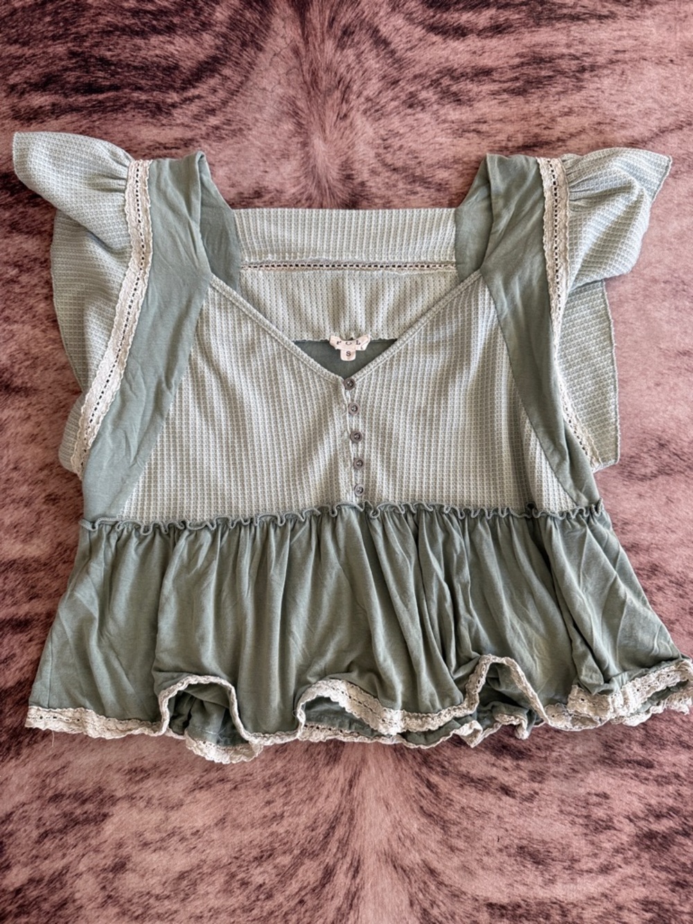 POL Women's Short Sleeve Peplum Top in Sage Green with Lace Trim
